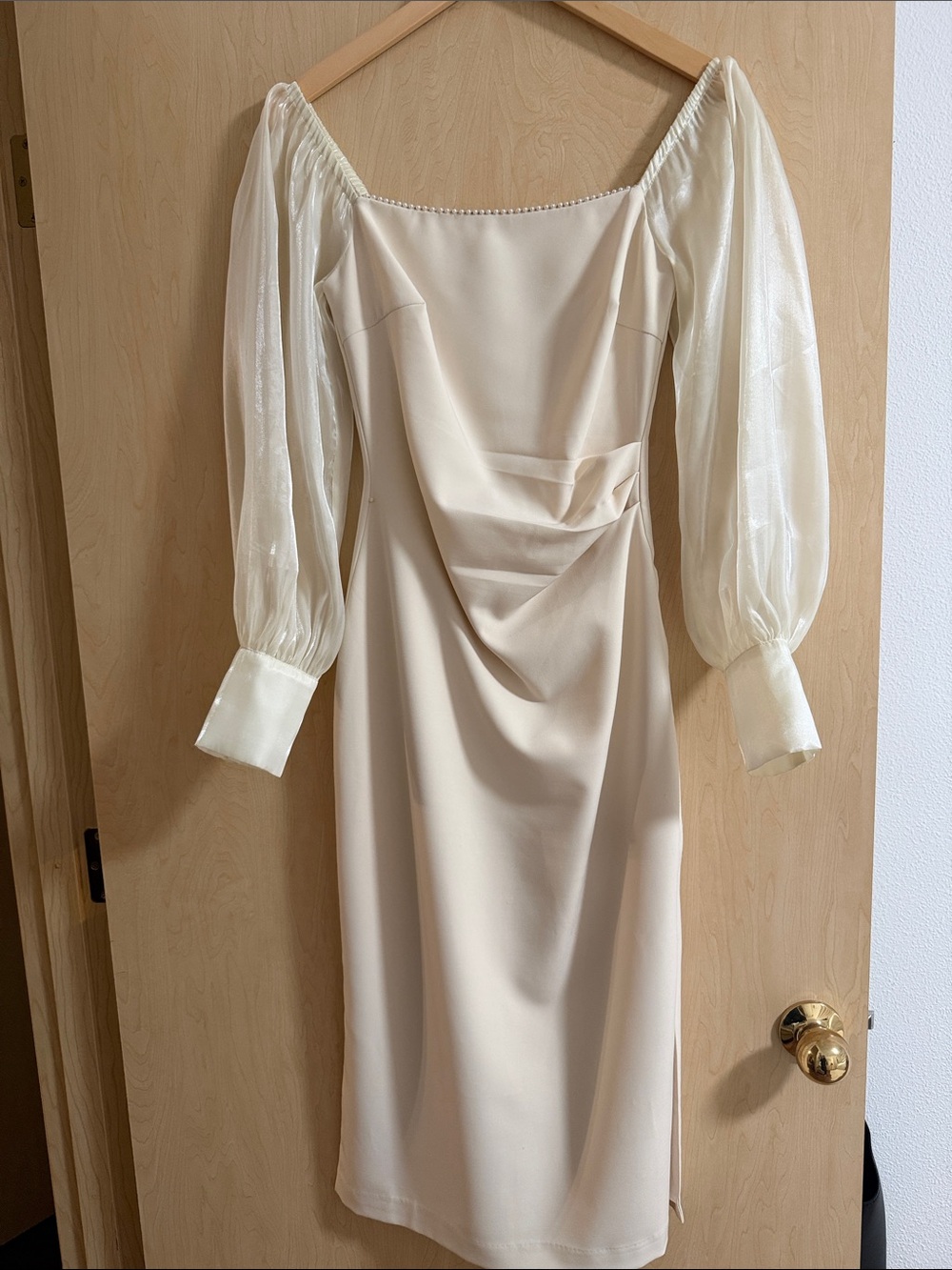 Cream Midi Dress with Sheer Puff Sleeves
